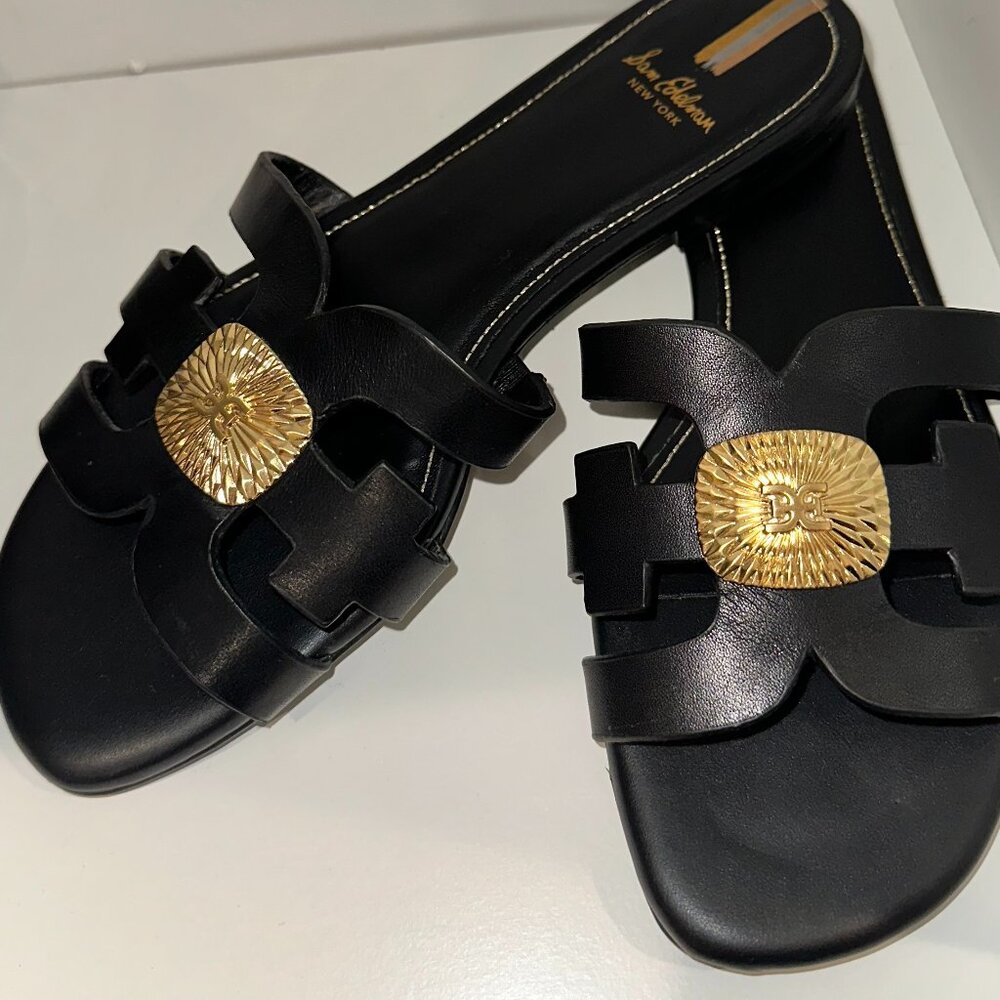 Sam Edelman Bay Radiant Slides with Leather Black Gold (Icons Collection)